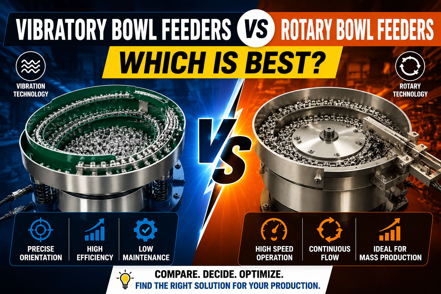 Side-by-side comparison of vibratory and rotary bowl feeder types