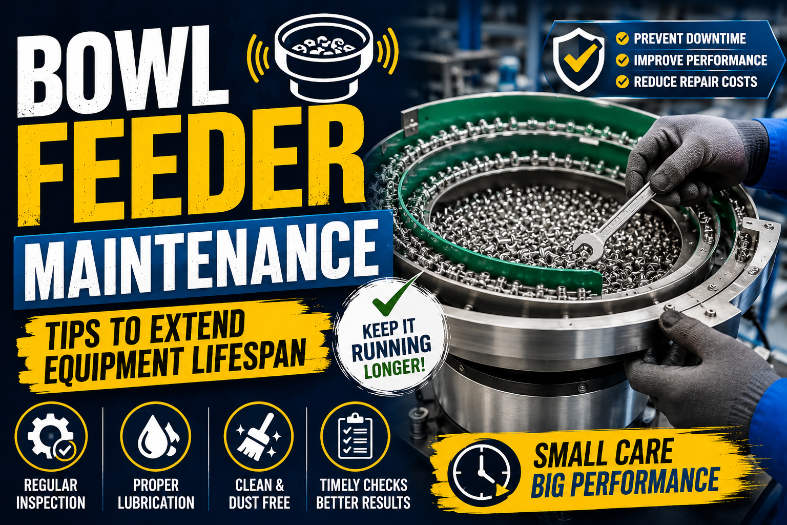 Technician performing maintenance on industrial bowl feeder