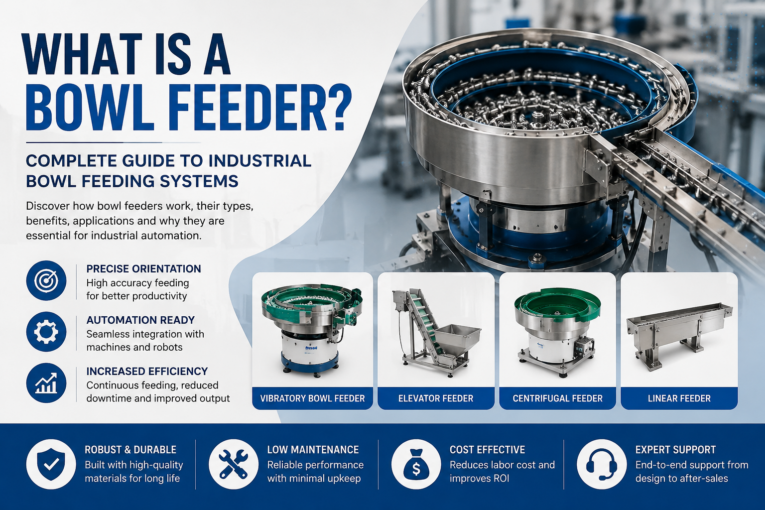 Industrial vibratory bowl feeder system used for automated component feeding, orientation, and sorting in manufacturing and assembly lines.