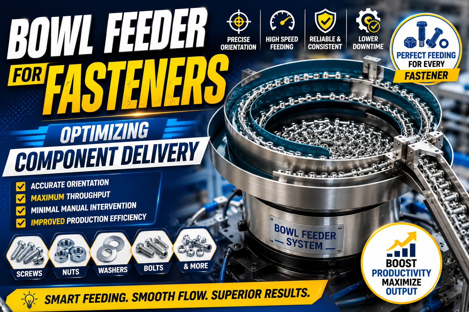 Bowl feeder efficiently sorting metal fasteners and nuts