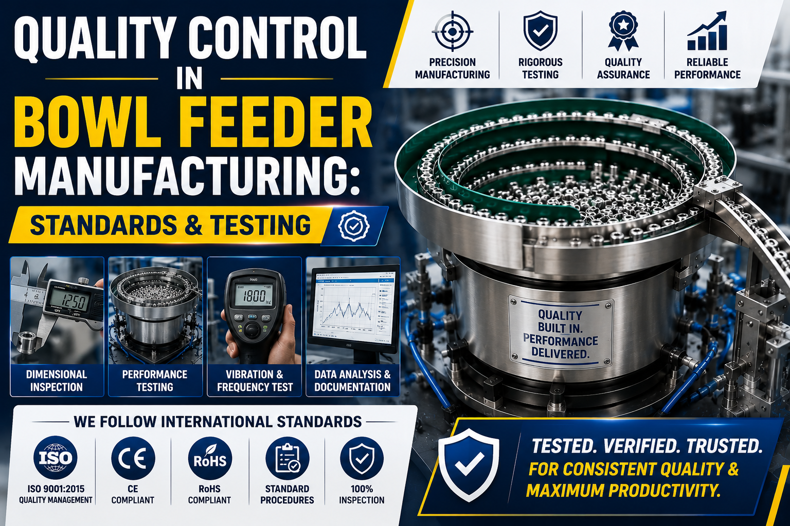 Quality testing of bowl feeder components and assembly
